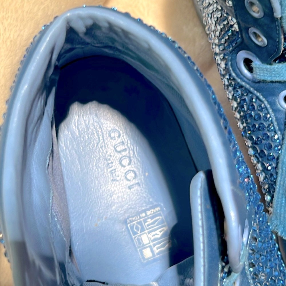 GUCCI 👟 RARE CODA BLUE SATIN LEATHER RHINESTONE CRYSTAL HIGH-TOP SNEAKERS 8.5 - Picture 10 of 15
